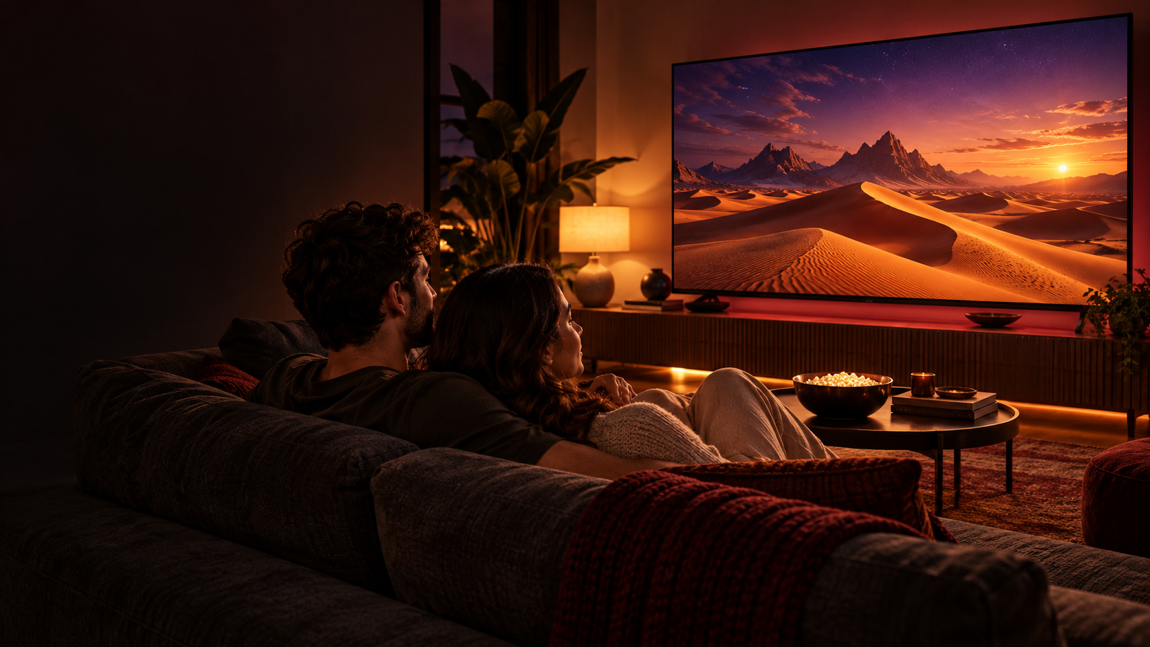 Cena ilustrativa de uma sala de estar com televisão e um casal no sofá